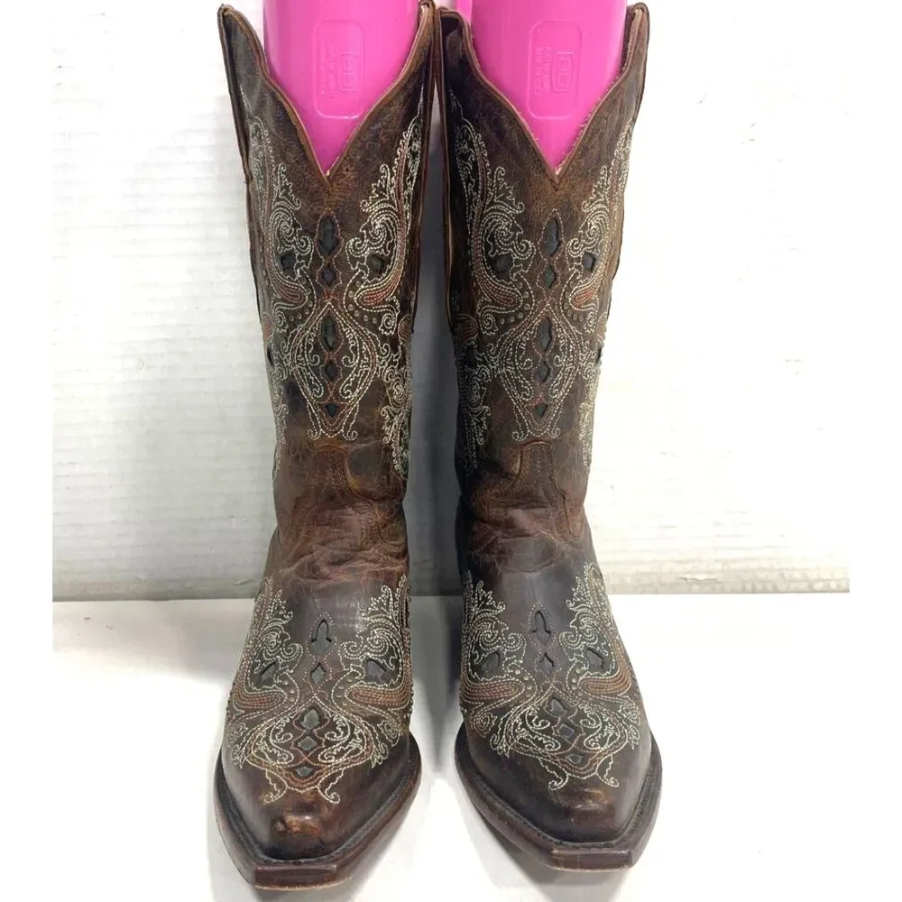 Shyanne Isabelle Brown Inlay & Studded Snip Toe Western Cowboy Boots Size- 7.5